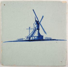 Antique Delft tile with a post mill, 17th century