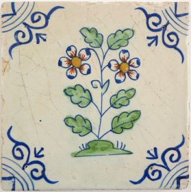 Antique Delft tile with polychrome flowers, 17th century