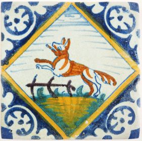 Antique Delft tile wih a dog, 17th century