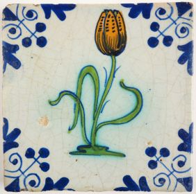 Antique Delf tile with a tulip, 17th century