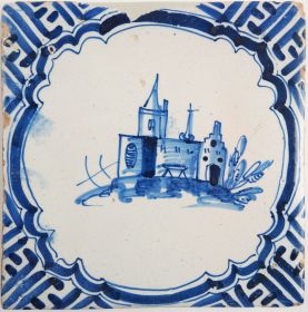 Antique Delft tile with a castle, 17th century