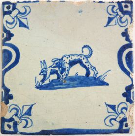 Antique Delft tile with a hunting dog, 17th century