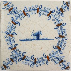 Antique Delft tile with a stronghold, 17th century