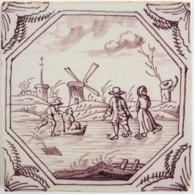 Antique Delft tile with ice skaters, 18th century