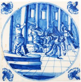 Antique Delft tile with stoning of Jesus, 18th century
