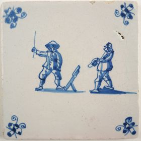 Antique Delft tile with a game of tip-cat, 17th century