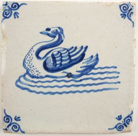 Antique Delft tile with a swan, 17th century