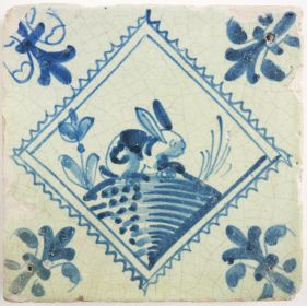 Antique Delft tile with a hare, 17th century