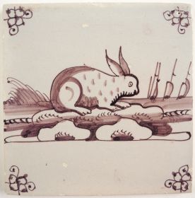 Antique Delft tile with a hare in manganese, 18th century