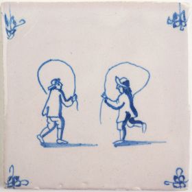 Antique Delft tile with two children playing with jumping ropes, 18th century