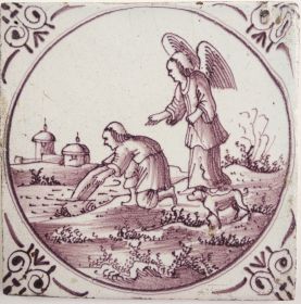 Antique Delft tile depicting Tobit catching a large fish, 18th century