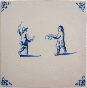 Antique Delft tile with a game of tip-cat, 18th century