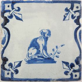 Antique Delft tile with a dog, 17th century 