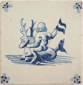 Antique Delft tile with a merman on a seahorse, 17th century