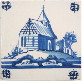 Antique Delft tile with a church, 18th century