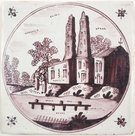 Antique Delft tile with a lime kiln, 17th century