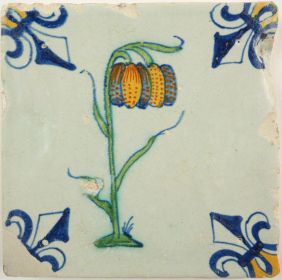 Antique Delft tile with a Fritillaria, 17th century
