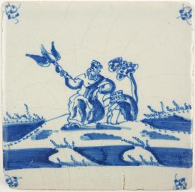 Antique Delft tile depicting Elijah being fed by ravens, 18th century