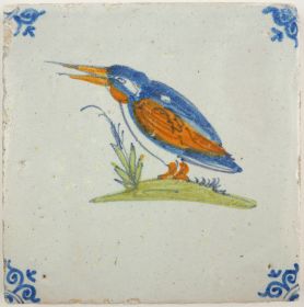Antique Delft tile with a kingfisher, 17th century