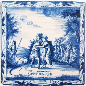 Antique Delft tile depicting Jacob wrestling with God / an Angel, 18th century