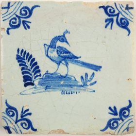 Antique Delft tile with a crane (bird), 17th century
