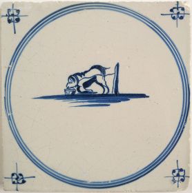 Antique Delft tile with a dog drinking, 18th century