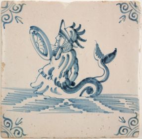 Antique Delft tile with a merman, 17th century