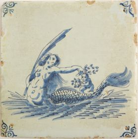 Antique Delft tile with a mermaid, 17th century