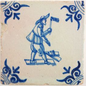 Antique Delft tile with a lumberjack, 17th century