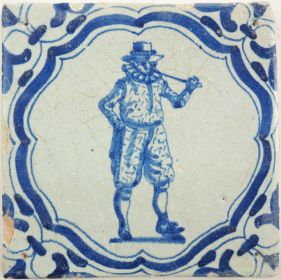 Antique Delft tile with a man smoking a pipe, 17th century