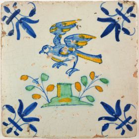 Antique Delft tile with a polychrome bird, c. 1620