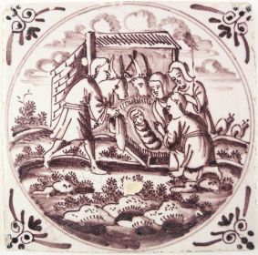 Antique Delft tile with Baby Jesus in the craddle, 18th century