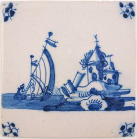 Antique Delft tile with a harbor scene in blue, 18th century