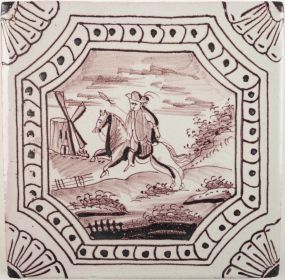 Antique Delft tile with a horseman, 18th century