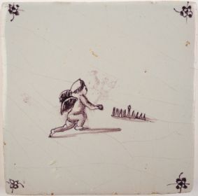 Antique Delft tile with a Cupid playing a game of nine-pin bowling, 17th century
