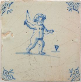 Antique Delft tile with Putto playing with a spinning top, 17th century