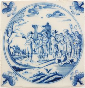 Antique Delft tile depicting Abraham's journey to Canaan, 18th century