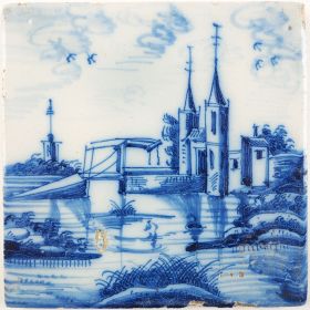 Antique Delft tile with the eastern city gate of Delft, 18th century