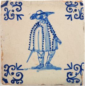 Antique Delft tile with a gentleman, 17th century