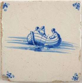 Antique Delft tile with a rowing boat, 17th century