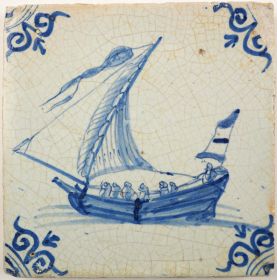Antique Delft tile depicts a cargo boat, 17th century 