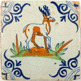 Antique Delft tile with a stag, 17th century
