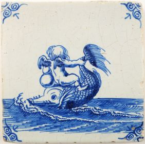 Antique Delft tile depicts cupid on dolphin, 17th century