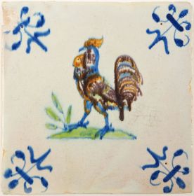 Antique Delft tile with a rooster, 17th century 