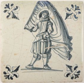 Antique Delft tile depicts a standard-bearer, 17th century
