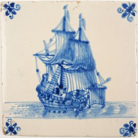 Antique Delft tile with a war ship, 17th century
