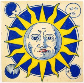 Antique Delft tile depicting the sun and four moons, 19th century