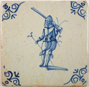 Antique Delft tile with a musketeer, 17th century 