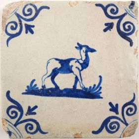 Antique Delft tile with a roe deer, 17th century