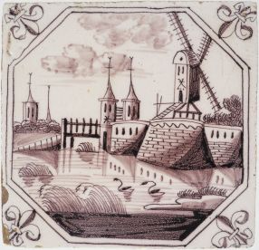 Antique Delft tile with a post-mill, 18th century
